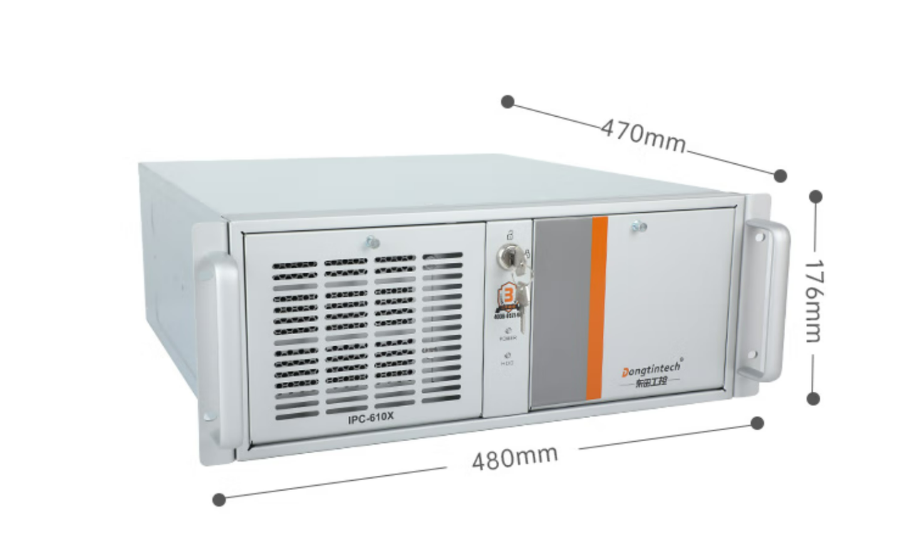 　這款機器采用了DT-610X機箱和DT-WR680MA主板。整體為銀灰色。采用了熱浸鍍鋅薄鋼板，防銹、耐候性強。并且它的防銹蝕性特別好，-般環(huán)境防蝕效果可達30-50年，熱浸鍍鋅薄鋼板外形美觀，加工容易。尺寸為430（481.6帶耳朵）*470*176mm（寬*深*高）,約重23kg，便于搬運。